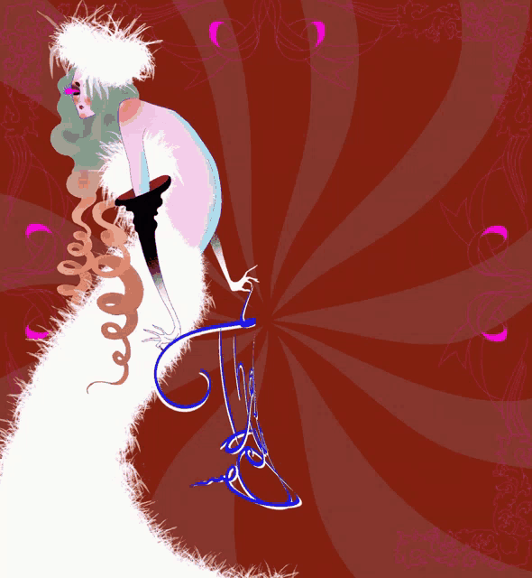 a cartoon drawing of a woman holding a microphone on a red background