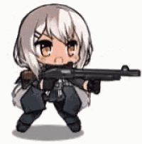a chibi girl is holding a shotgun in her hand .