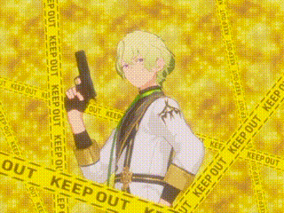 a girl with red hair is holding a gun in front of a yellow tape that says keep out