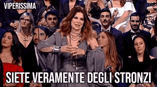 a woman is sitting in front of a crowd of people with the caption siete veramente degli stronzi .