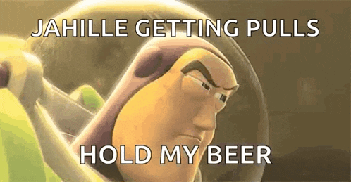 buzz lightyear from toy story is holding a sword and saying `` jahille getting pulls hold my beer '' .