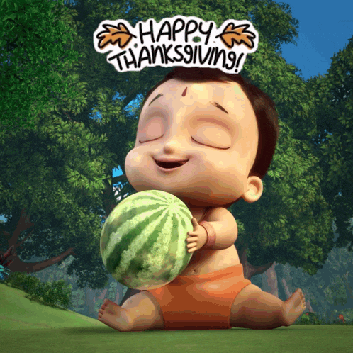a baby is holding a watermelon with the words happy thanksgiving written above him