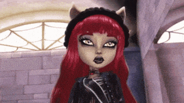 a monster high doll with red hair is standing in front of a window