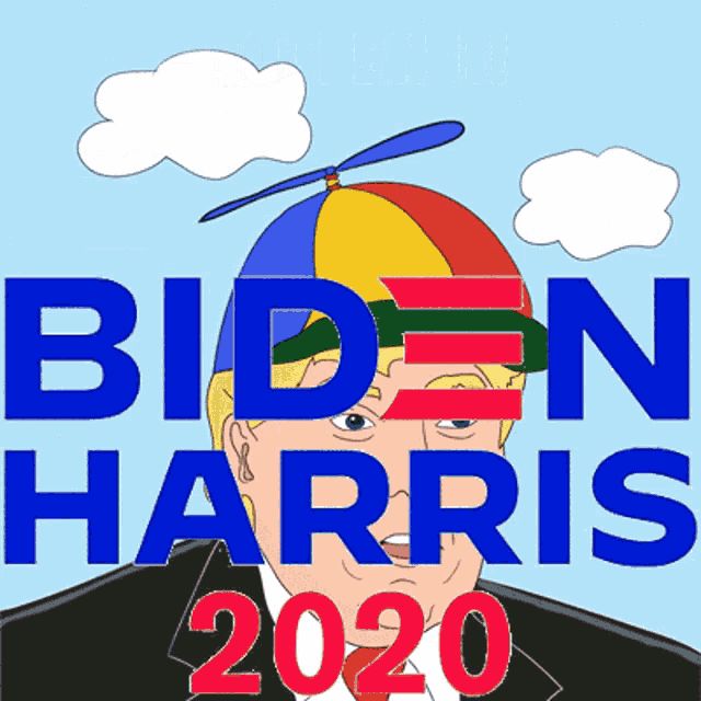 a cartoon of biden harris with a colorful hat on his head