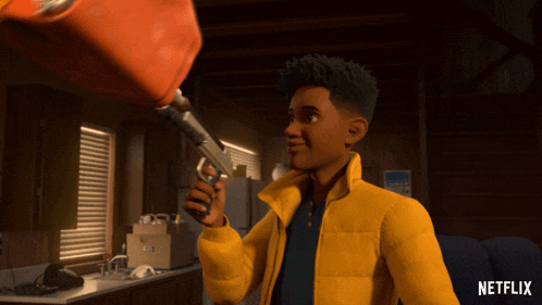 a boy in a yellow jacket is holding a gun in front of a gas can that says netflix on it
