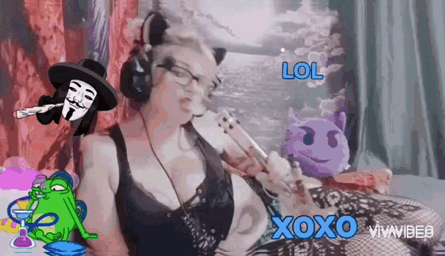 a woman playing a violin with the words lol and xoxo in the corner