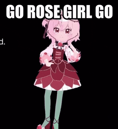a girl in a red dress with the words go rose girl go behind her