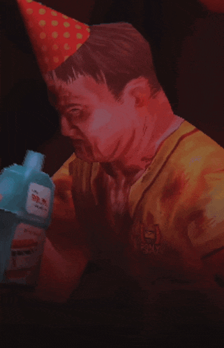 a man with blood on his face is drinking from a bottle that says mrs. t.