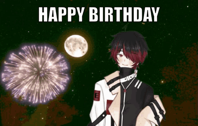 a happy birthday greeting card with a fireworks display