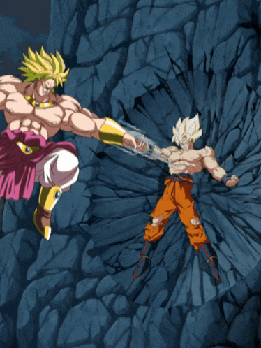 a cartoon of broly and super saiyan goku fighting