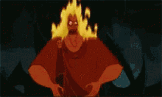 a cartoon character with fire coming out of his head and the word god written on it