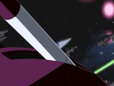 a purple object with a white stripe on it is in the middle of a space scene
