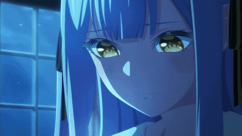 a close up of a girl 's face with blue hair and green eyes