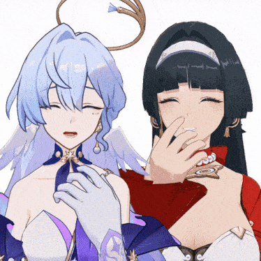 two anime girls are standing next to each other and one is covering her mouth with her hand