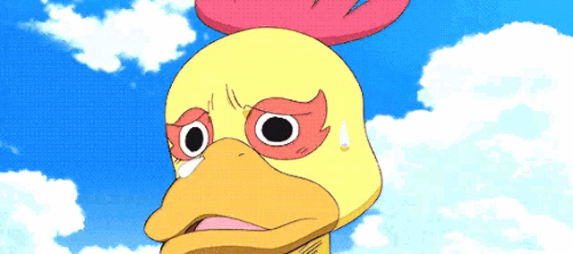 a cartoon chicken with a pink feathered head