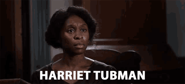 a woman sitting in a chair with the name harriet tubman on the bottom