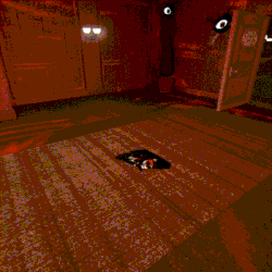 a pixelated image of a dark room with a few lights