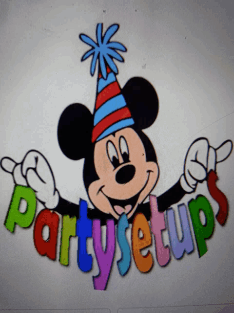 a cartoon of mickey mouse wearing a party hat with the words partysetups below it