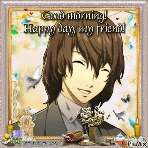 a picture of a man with the words " good morning happy day my friend " on it