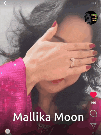 a woman covering her face with her hand and the name mallika moon is on the bottom