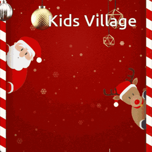 a kids village christmas card with santa claus reindeer and christmas tree