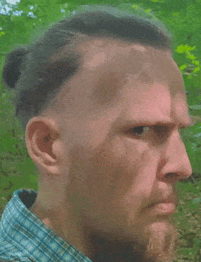a man with a ponytail and a plaid shirt looks to the side