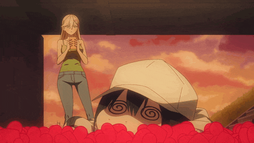 a cartoon of a girl standing next to a boy with a swirl in his eye