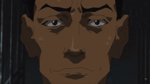 a close up of a cartoon character 's face with the letters nc on the bottom left