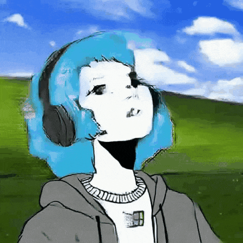 a girl with blue hair is wearing headphones and a hoodie .