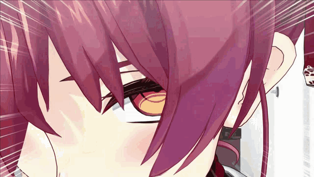 a close up of a girl 's face with a red eye