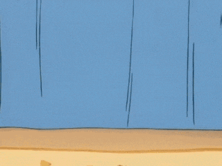 a cartoon character is hiding under a blue curtain with a green hand