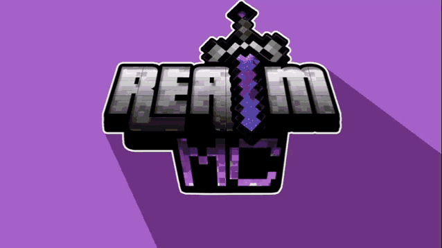 a logo for realm mc with a sword and tie on a purple background
