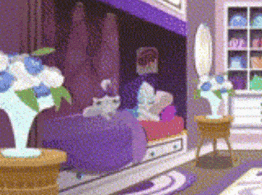 a cartoon drawing of a girl 's bedroom with a purple bed