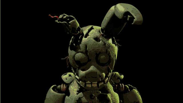 a cartoon character with a very scary face is looking at the camera in a dark room