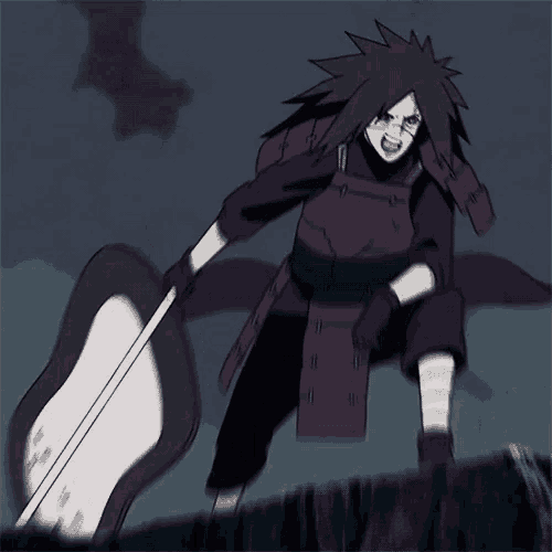 a cartoon character is holding a large sword in his hand