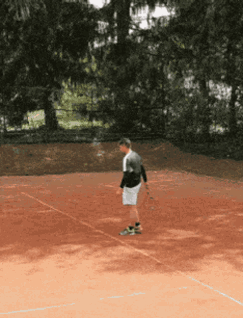 a man stands on a tennis court holding a racket