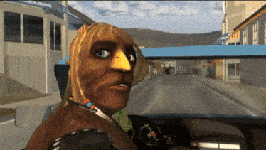 a cartoon character with a bird face is driving down a street