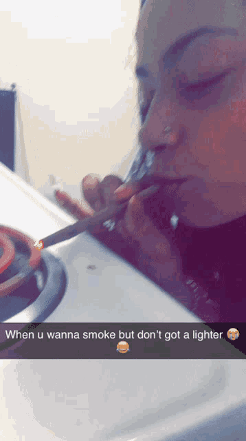 a woman smoking a cigarette with a caption that says then u wanna smoke