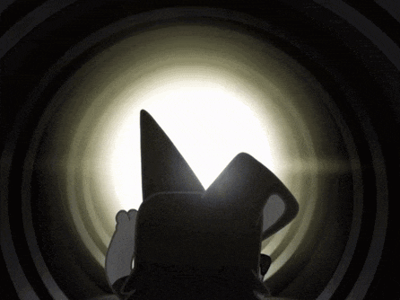 a cartoon character in a black hat is laying down in a dark tunnel