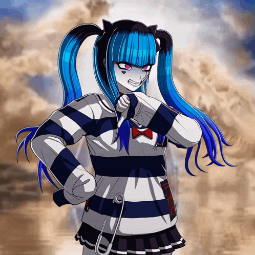 a girl with blue hair and a striped shirt has a safety pin in her hand