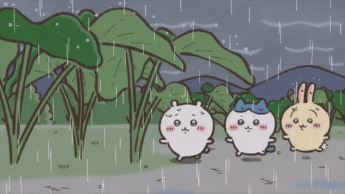 three cartoon characters are standing in the rain with chinese writing on the bottom