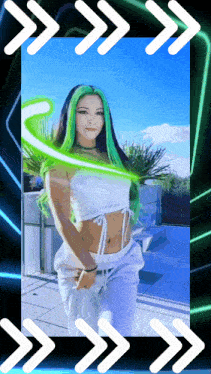 a woman with green hair is standing in front of a blue sky