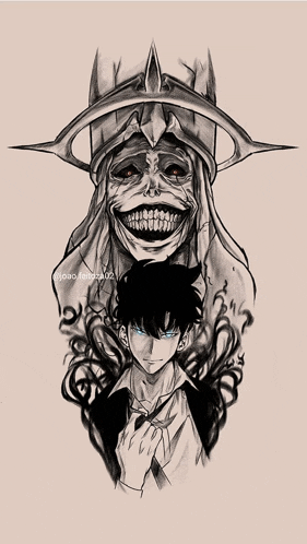 a black and white drawing of a man and a skull with the name joao written on the bottom
