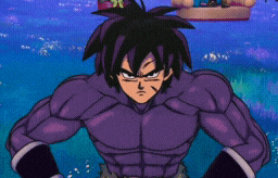 a cartoon character with purple muscles is standing in the grass