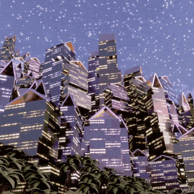 a computer generated image of a city at night with palm trees
