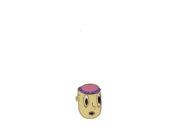 a cartoon head with a purple hat on it is floating in the air .