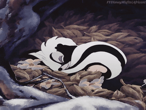 a skunk is sleeping in a pile of leaves with the words fydisneymisfits africant below it