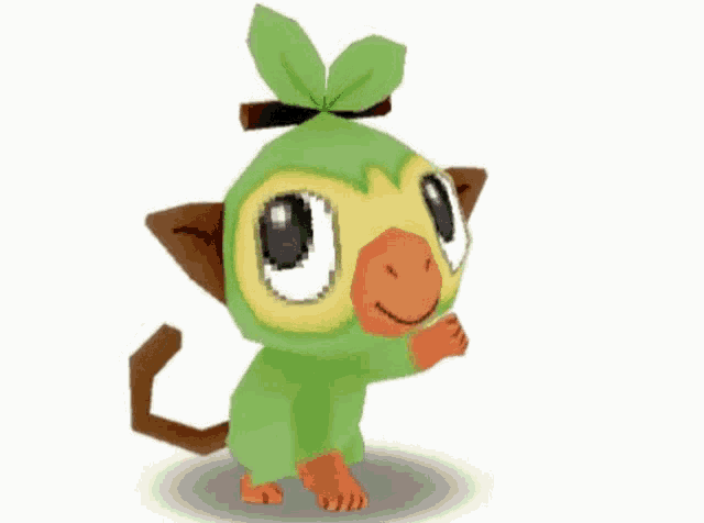 a cartoon monkey with a leaf on its head standing on a white background