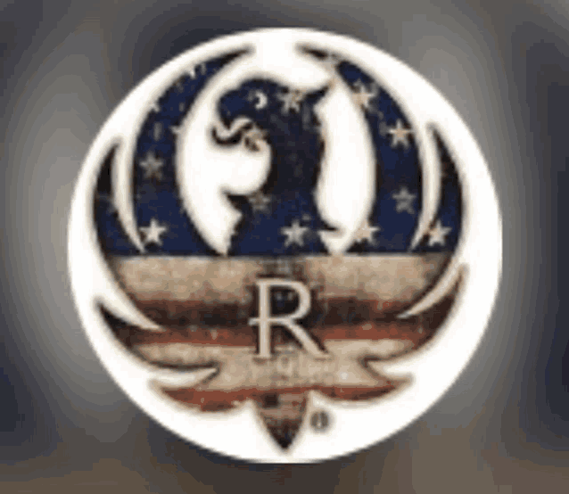 a white circle with an american flag inside of it and the letter r on it