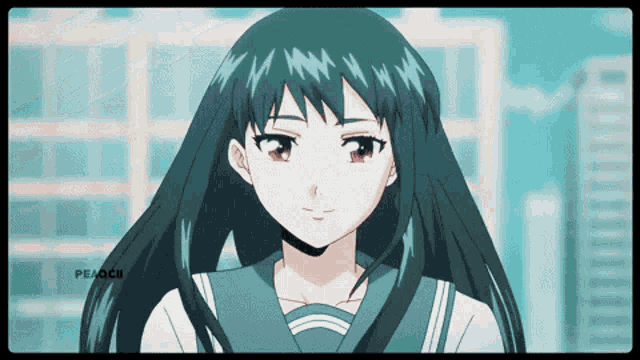 a picture of a girl with long blue hair and the words pemocii on the bottom right